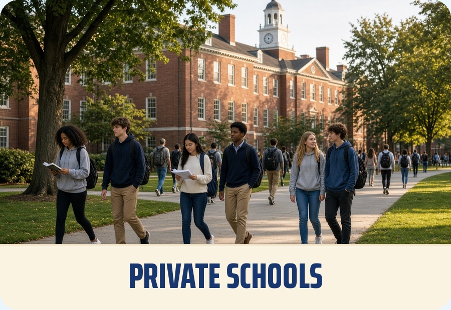 Private schools — students walking across a private school campus