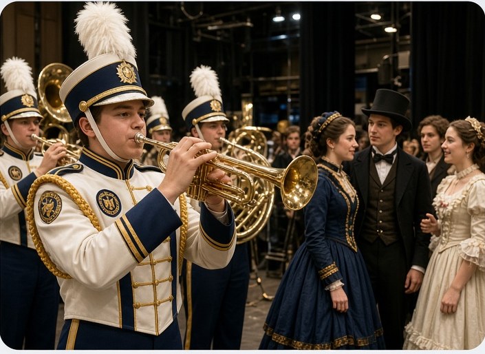 A marching band member playing beside student actors in costume.