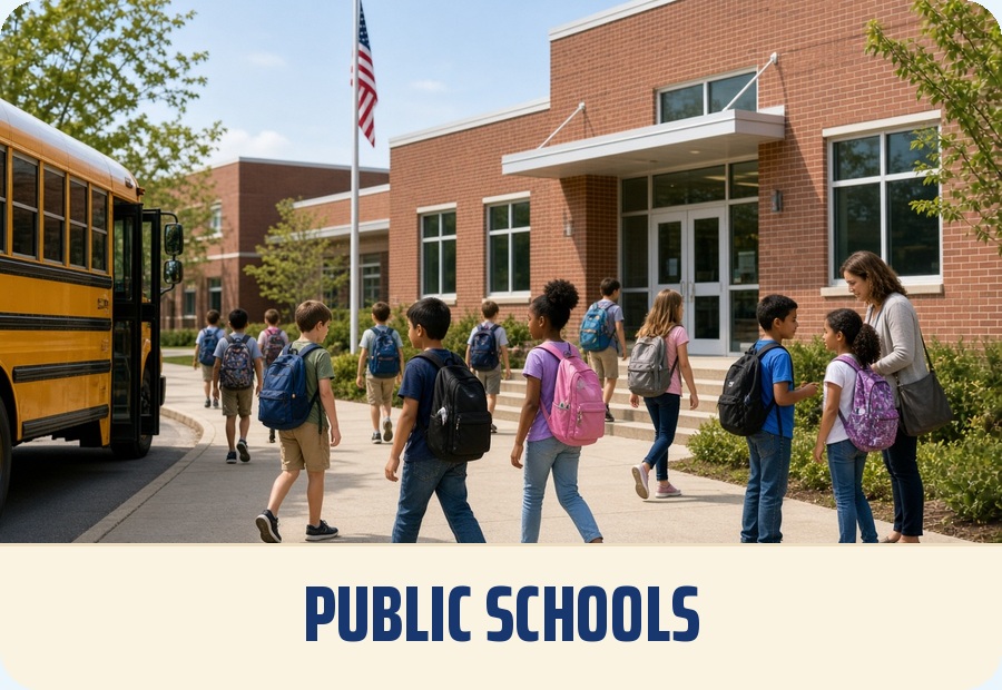 Public schools — students walking into a JCPS building past a school bus